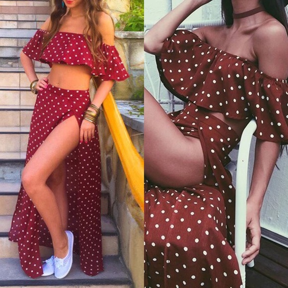 Off Shoulder Dotted Two Piece Set - Picture 4 of 6